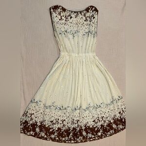 Vintage Hal Ferman Elegant Cream and Brown Floral Dress Union Made Size Small
